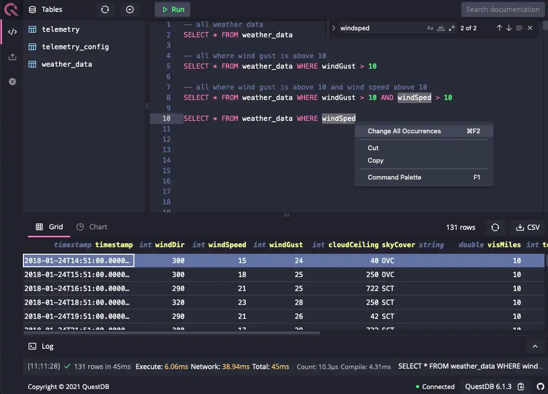 Find all functionality in the Monaco Editor within QuestDB